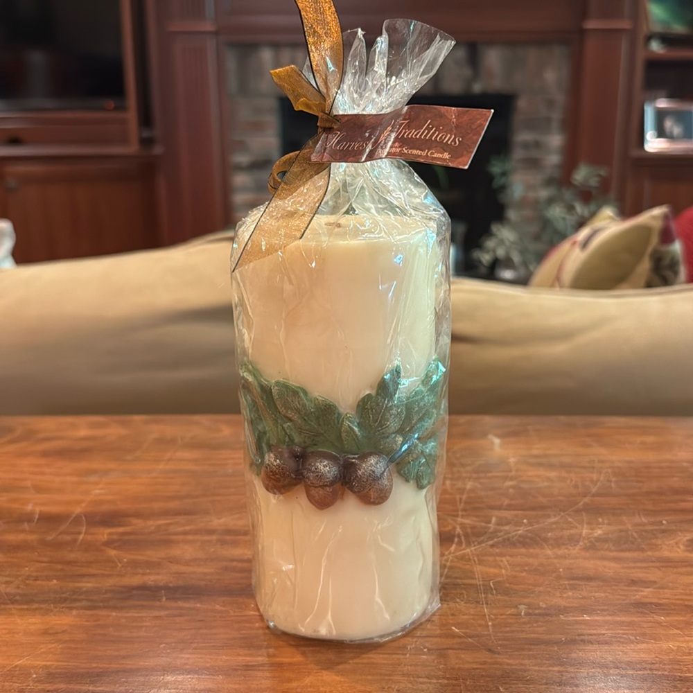 NIP Harvest Traditions Lava ACORN Carved Pillar Candle Scented Cream 6” x 3” NEW